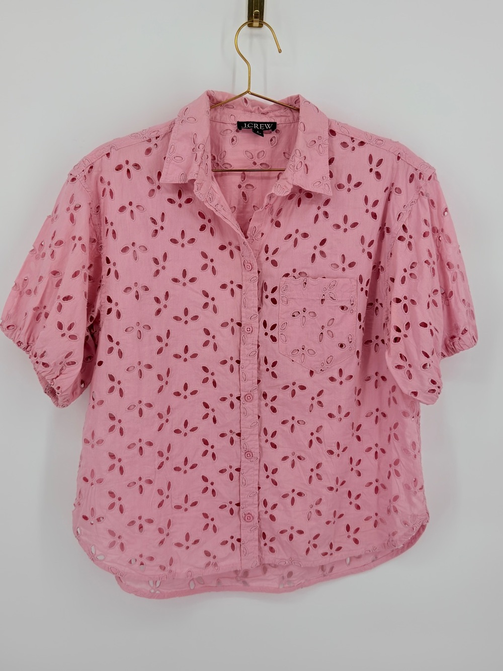 J.Crew Pink Eyelet Button Down Shirt Blouse Size 8 Puff Sleeve